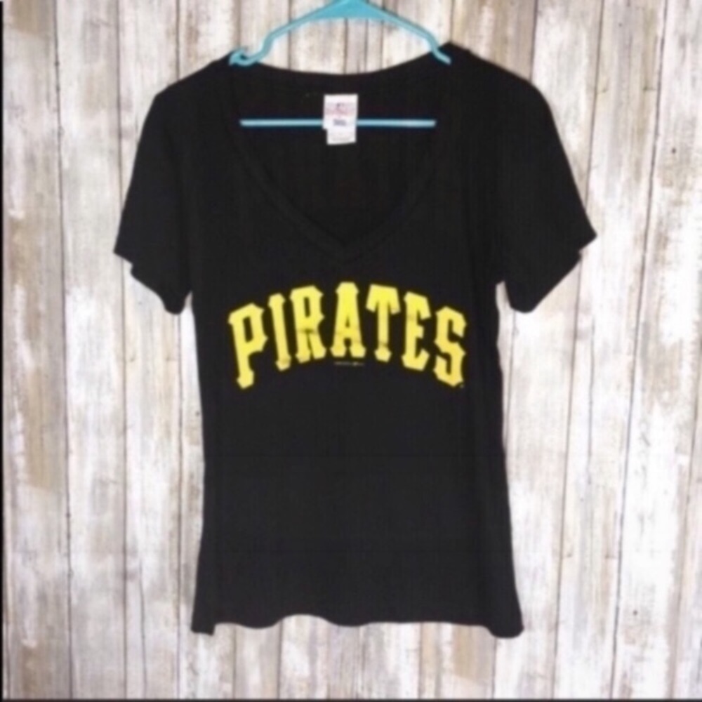 Pittsburgh Pirates V Neck Tee Womens L Black Gold MLB Baseball Shirt - Picture 3 of 4